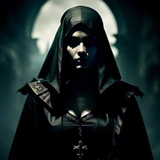 Prompt: Necromantian and alcoholic pirat nun, dark nun, nun, pirat nun, scars, dead eye, pirat, convent, rhum, cursed nun, black flag, necromantic atmosphere, mystical and otherworldly atmosphere, drape and detailed fabrics with linen texture, intense and focused gaze, high-quality, highres, detailed, fantasy art, post-apocalyptic, mystical atmosphere, intense gaze, video game, Skyrim style, lord of the rings style, Magic the gathering style, Wayne Reynolds style, Marc Tedin style, Carl Critchlow style, Ilse Gort style