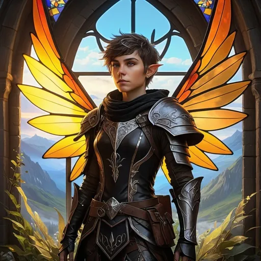 Prompt: A non binary ftm black bloc fairy with bombs in a video game scene, in a zad, fairy ecoterorist, fairy activist, trans identity, female to male, fantasy art medium, post-apocalyptic setting, detailed wings with soft texture, mystical and otherworldly atmosphere, intense and focused gaze, high-quality, highres, detailed, fantasy art, post-apocalyptic, mystical atmosphere, intense gaze, video game, Skyrim style, lord of the rings style, Magic the gathering style, Wayne Reynolds style, Marc Tedin style, Carl Critchlow style, Ilse Gort style