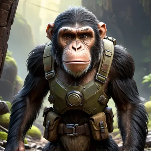 Prompt: Blind chimpanzee in a video game scene, fantasy art medium, post-apocalyptic setting, detailed fur with rugged texture, mystical and otherworldly atmosphere, intense and focused gaze, high-quality, highres, detailed, fantasy art, post-apocalyptic, blind chimpanzee, rugged fur, mystical atmosphere, intense gaze, video game, Skyrim style, Fallout style, Magic the gathering style, Wayne Reynolds style, Marc Tedin style, Carl Critchlow style, Ilse Gort style