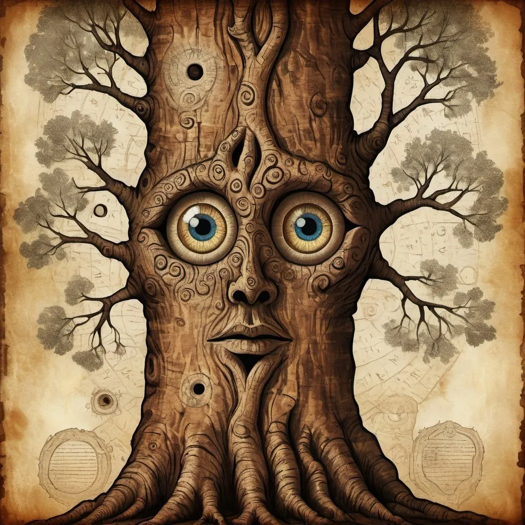 Prompt: Ancient manuscript illustration of a tree with eye and mouth-shaped holes, detailed bark texture, mystical atmosphere, vintage parchment style, high quality, detailed illustration, ancient manuscript, mystical, detailed bark texture, atmospheric lighting