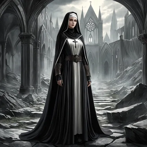 Prompt: Necromantian and alcoholic girly nun, dark nun, necromantic atmosphere, mystical and otherworldly atmosphere, drape and detailed fabrics with linen texture, intense and focused gaze, high-quality, highres, detailed, fantasy art, post-apocalyptic, mystical atmosphere, intense gaze, video game, Skyrim style, lord of the rings style, Magic the gathering style, Wayne Reynolds style, Marc Tedin style, Carl Critchlow style, Ilse Gort style