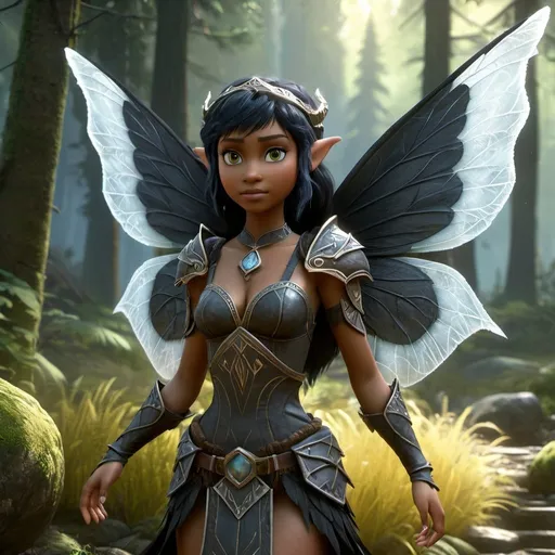 Prompt: A black block fairy in a video game scene, in a zad, fairy ecoterorist, fairy activist, fantasy art medium, post-apocalyptic setting, detailed wings with soft texture, mystical and otherworldly atmosphere, intense and focused gaze, high-quality, highres, detailed, fantasy art, post-apocalyptic, mystical atmosphere, intense gaze, video game, Skyrim style, lord of the rings style, Magic the gathering style, Wayne Reynolds style, Marc Tedin style, Carl Critchlow style, Ilse Gort style