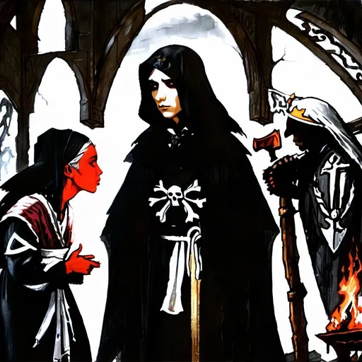 Prompt: Necromantian and alcoholic pirat nun, dark nun, nun, pirat nun, scars, dead eye, pirat, convent, rhum, cursed nun, black flag, necromantic atmosphere, mystical and otherworldly atmosphere, drape and detailed fabrics with linen texture, intense and focused gaze, high-quality, highres, detailed, fantasy art, post-apocalyptic, mystical atmosphere, intense gaze, video game, Skyrim style, lord of the rings style, Magic the gathering style, Wayne Reynolds style, Marc Tedin style, Carl Critchlow style, Ilse Gort style