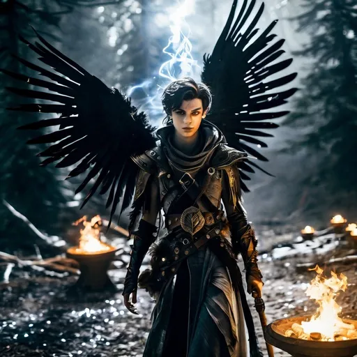 Prompt: A non binary ftm black bloc fairy with bombs in a video game scene, in a zad, fairy ecoterorist, fairy activist, trans identity, female to male, fantasy art medium, post-apocalyptic setting, detailed wings with soft texture, mystical and otherworldly atmosphere, intense and focused gaze, high-quality, highres, detailed, fantasy art, post-apocalyptic, mystical atmosphere, intense gaze, video game, Skyrim style, lord of the rings style, Magic the gathering style, Wayne Reynolds style, Marc Tedin style, Carl Critchlow style, Ilse Gort style