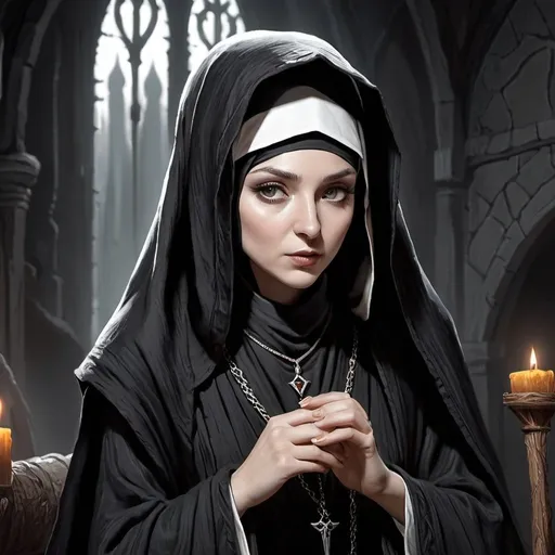 Prompt: Necromantian and alcoholic girly nun, dark nun, necromantic atmosphere, mystical and otherworldly atmosphere, drape and detailed fabrics with linen texture, intense and focused gaze, high-quality, highres, detailed, fantasy art, post-apocalyptic, mystical atmosphere, intense gaze, video game, Skyrim style, lord of the rings style, Magic the gathering style, Wayne Reynolds style, Marc Tedin style, Carl Critchlow style, Ilse Gort style