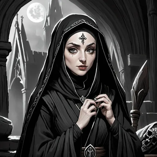 Prompt: Necromantian and alcoholic girly nun, dark nun, necromantic atmosphere, mystical and otherworldly atmosphere, drape and detailed fabrics with linen texture, intense and focused gaze, high-quality, highres, detailed, fantasy art, post-apocalyptic, mystical atmosphere, intense gaze, video game, Skyrim style, lord of the rings style, Magic the gathering style, Wayne Reynolds style, Marc Tedin style, Carl Critchlow style, Ilse Gort style