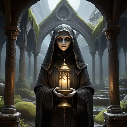 Prompt: Necromantian and alcoholic nun, dark nun, necromantic atmosphere, mystical and otherworldly atmosphere, drape and detailed fabrics with linen texture, intense and focused gaze, high-quality, highres, detailed, fantasy art, post-apocalyptic, mystical atmosphere, intense gaze, video game, Skyrim style, lord of the rings style, Magic the gathering style, Wayne Reynolds style, Marc Tedin style, Carl Critchlow style, Ilse Gort style