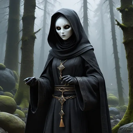 Prompt: Necromantian and alcoholic nun, dark nun, necromantic atmosphere, mystical and otherworldly atmosphere, drape and detailed fabrics with linen texture, intense and focused gaze, high-quality, highres, detailed, fantasy art, post-apocalyptic, mystical atmosphere, intense gaze, video game, Skyrim style, lord of the rings style, Magic the gathering style, Wayne Reynolds style, Marc Tedin style, Carl Critchlow style, Ilse Gort style