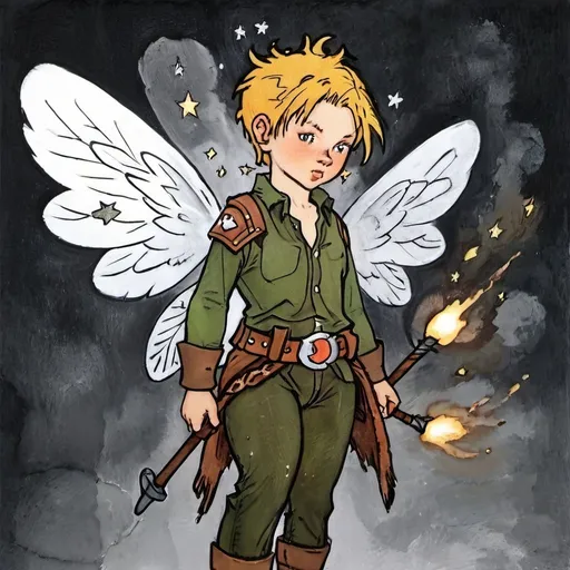 Prompt: A nonbinary fairy with bombs in a video game scene, left activist fairy, gerilleros fairy, rebel fairy, terrorist fairy, no eyebrows, no chest, in a zad, fairy ecoterorist, fairy activist, trans identity, transgender, female to male, fantasy art medium, post-apocalyptic setting, detailed wings with soft texture, mystical and otherworldly atmosphere, intense and focused gaze, high-quality, highres, detailed, fantasy art, post-apocalyptic, mystical atmosphere, intense gaze, video game, Skyrim style, lord of the rings style, Magic the gathering style, Wayne Reynolds style, Marc Tedin style, Carl Critchlow style, Ilse Gort style