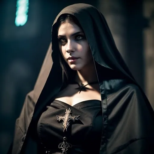 Prompt: Necromantian and alcoholic girly nun, dark nun, necromantic atmosphere, mystical and otherworldly atmosphere, drape and detailed fabrics with linen texture, intense and focused gaze, high-quality, highres, detailed, fantasy art, post-apocalyptic, mystical atmosphere, intense gaze, video game, Skyrim style, lord of the rings style, Magic the gathering style, Wayne Reynolds style, Marc Tedin style, Carl Critchlow style, Ilse Gort style