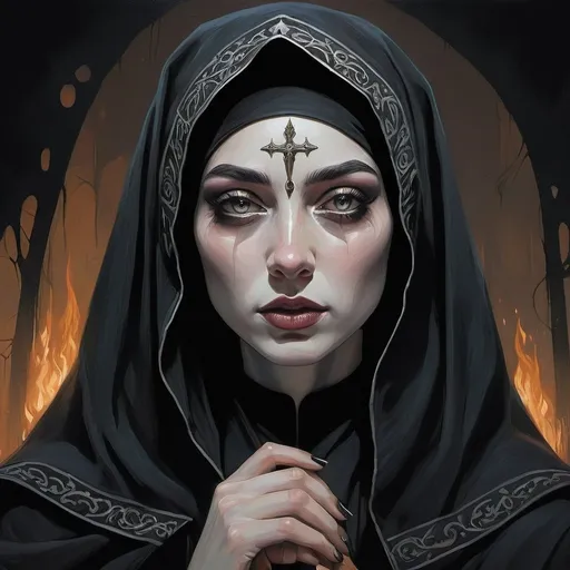 Prompt: Necromantian and alcoholic girly nun, dark nun, necromantic atmosphere, mystical and otherworldly atmosphere, drape and detailed fabrics with linen texture, intense and focused gaze, high-quality, highres, detailed, fantasy art, post-apocalyptic, mystical atmosphere, intense gaze, video game, Skyrim style, lord of the rings style, Magic the gathering style, Wayne Reynolds style, Marc Tedin style, Carl Critchlow style, Ilse Gort style