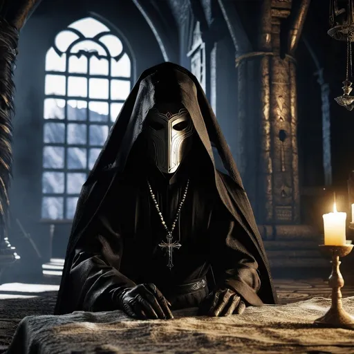 Prompt: Necromantian and alcoholic nun, dark nun, necromantic atmosphere, mystical and otherworldly atmosphere, drape and detailed fabrics with linen texture, intense and focused gaze, high-quality, highres, detailed, fantasy art, post-apocalyptic, mystical atmosphere, intense gaze, video game, Skyrim style, lord of the rings style, Magic the gathering style, Wayne Reynolds style, Marc Tedin style, Carl Critchlow style, Ilse Gort style