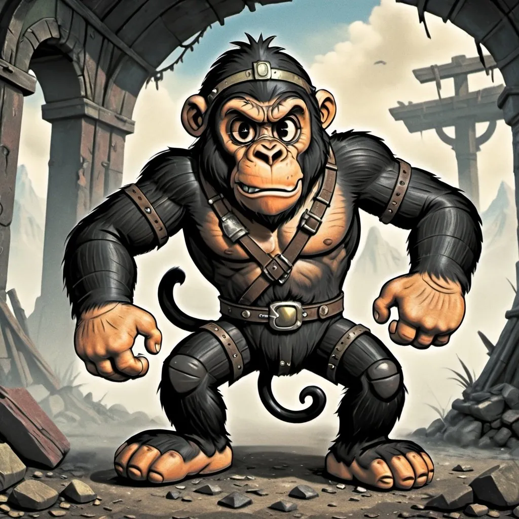 Prompt: Blind chimpanzee in a video game scene, fantasy art medium, post-apocalyptic setting, detailed fur with rugged texture, mystical and otherworldly atmosphere, intense and focused gaze, high-quality, highres, detailed, fantasy art, post-apocalyptic, blind chimpanzee, rugged fur, mystical atmosphere, intense gaze, video game, Skyrim style, Fallout style, Magic the gathering style, Wayne Reynolds style, Marc Tedin style, Carl Critchlow style, Ilse Gort style