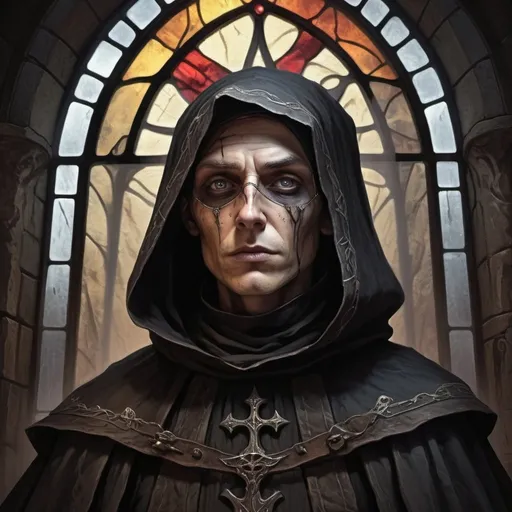 Prompt: Christian pirat nun, dark nun, nun, pirat nun, christian pirat, scars, dead eye, pirat, convent, rhum, cursed nun, black flag, necromantic atmosphere, mystical and otherworldly atmosphere, drape and detailed fabrics with linen texture, intense and focused gaze, high-quality, highres, detailed, fantasy art, post-apocalyptic, mystical atmosphere, intense gaze, video game, Skyrim style, lord of the rings style, Magic the gathering style, Wayne Reynolds style, Marc Tedin style, Carl Critchlow style, Ilse Gort style