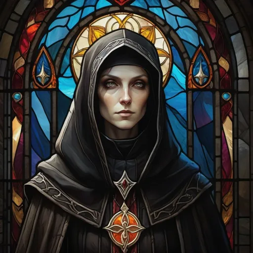 Prompt: Necromantian and alcoholic nun, dark nun, necromantic atmosphere, mystical and otherworldly atmosphere, drape and detailed fabrics with linen texture, intense and focused gaze, high-quality, highres, detailed, fantasy art, post-apocalyptic, mystical atmosphere, intense gaze, video game, Skyrim style, lord of the rings style, Magic the gathering style, Wayne Reynolds style, Marc Tedin style, Carl Critchlow style, Ilse Gort style