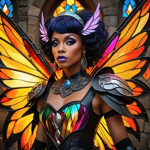 Prompt: A drag queen black bloc fairy with bombs in a video game scene, in a zad, fairy ecoterorist, fairy activist, drag queen, fantasy art medium, post-apocalyptic setting, detailed wings with soft texture, mystical and otherworldly atmosphere, intense and focused gaze, high-quality, highres, detailed, fantasy art, post-apocalyptic, mystical atmosphere, intense gaze, video game, Skyrim style, lord of the rings style, Magic the gathering style, Wayne Reynolds style, Marc Tedin style, Carl Critchlow style, Ilse Gort style