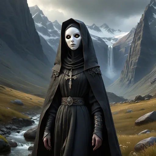 Prompt: Necromantian and alcoholic nun, dark nun, necromantic atmosphere, mystical and otherworldly atmosphere, drape and detailed fabrics with linen texture, intense and focused gaze, high-quality, highres, detailed, fantasy art, post-apocalyptic, mystical atmosphere, intense gaze, video game, Skyrim style, lord of the rings style, Magic the gathering style, Wayne Reynolds style, Marc Tedin style, Carl Critchlow style, Ilse Gort style