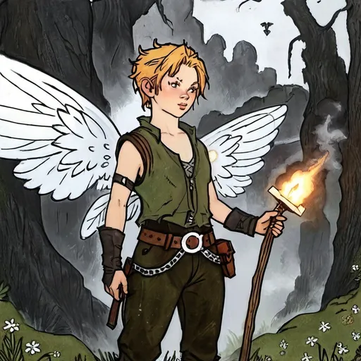 Prompt: A nonbinary fairy with bombs in a video game scene, left activist fairy, gerilleros fairy, rebel fairy, terrorist fairy, no eyebrows, no chest, in a zad, fairy ecoterorist, fairy activist, trans identity, transgender, female to male, fantasy art medium, post-apocalyptic setting, detailed wings with soft texture, mystical and otherworldly atmosphere, intense and focused gaze, high-quality, highres, detailed, fantasy art, post-apocalyptic, mystical atmosphere, intense gaze, video game, Skyrim style, lord of the rings style, Magic the gathering style, Wayne Reynolds style, Marc Tedin style, Carl Critchlow style, Ilse Gort style