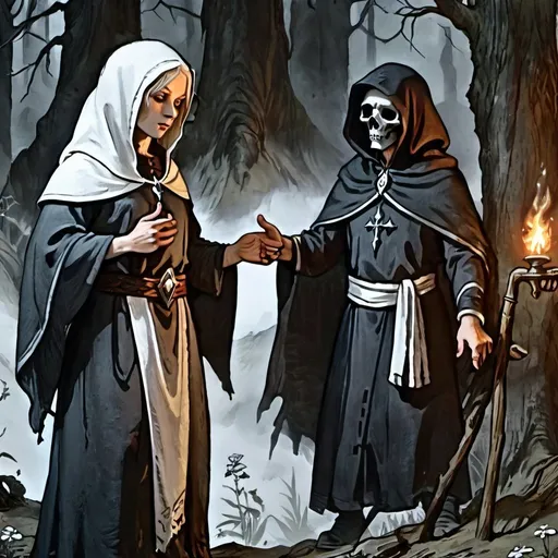 Prompt: Necromantian and alcoholic nun, dark nun, necromantic atmosphere, mystical and otherworldly atmosphere, drape and detailed fabrics with linen texture, intense and focused gaze, high-quality, highres, detailed, fantasy art, post-apocalyptic, mystical atmosphere, intense gaze, video game, Skyrim style, lord of the rings style, Magic the gathering style, Wayne Reynolds style, Marc Tedin style, Carl Critchlow style, Ilse Gort style