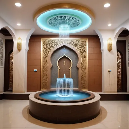 Prompt: An internal wall of mosque where front side of wall is designed with water fountain on wall which display water fall and also have included led light in it.