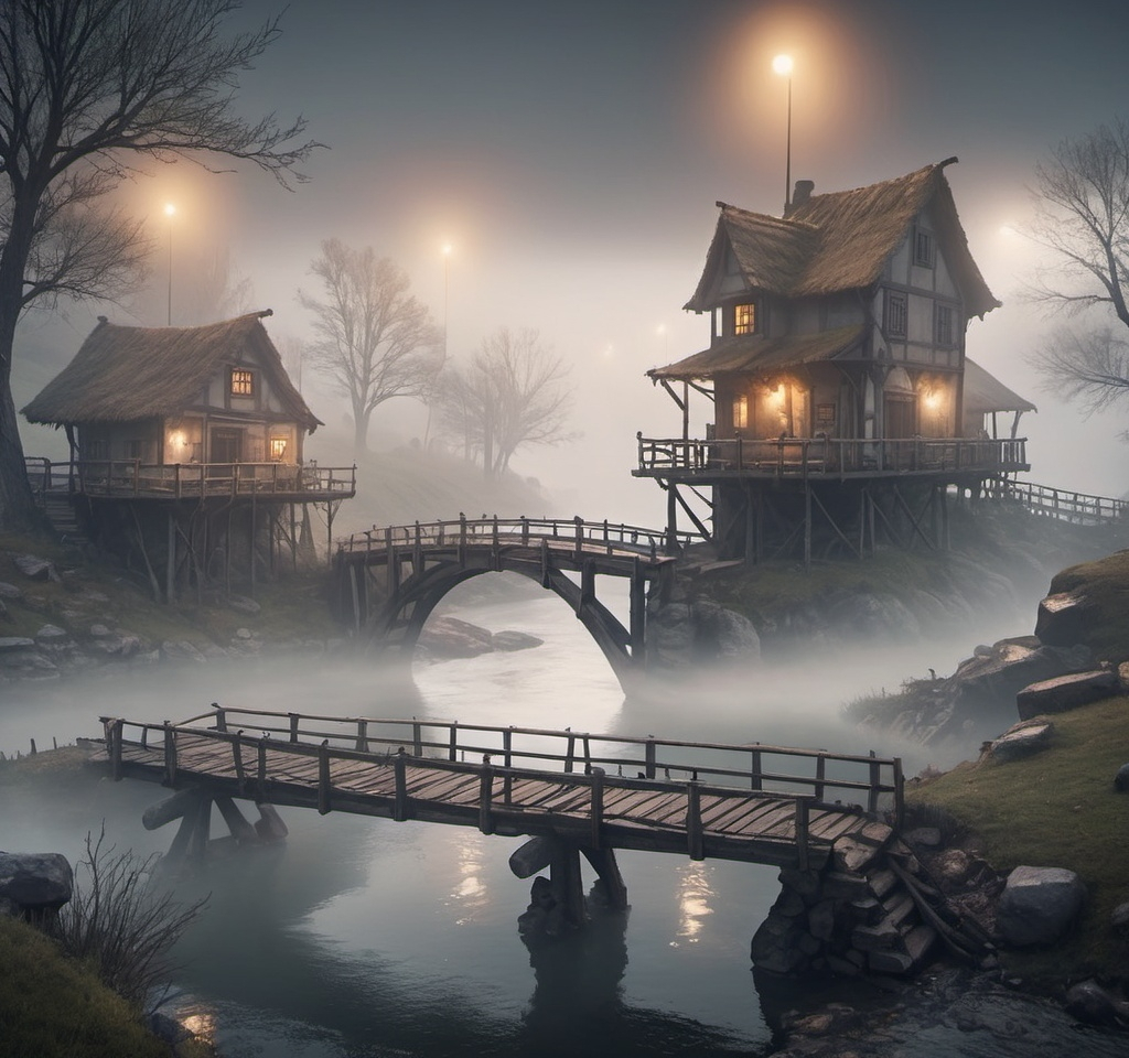 Prompt: small settlement, foggy, bridge and river, dramatic fantasy settlement scene, cinematic lighting