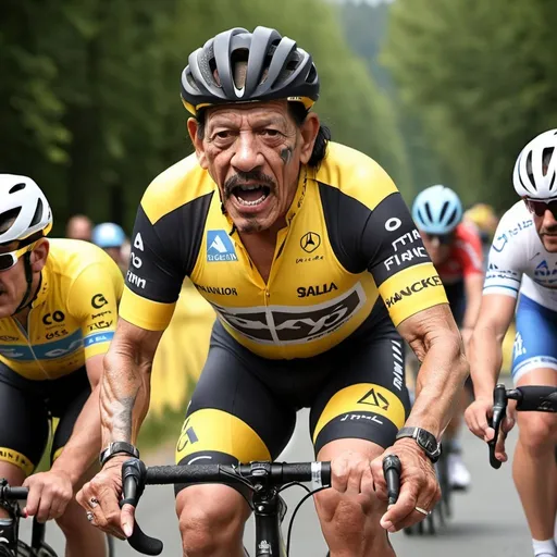 Prompt: Danny Trejo in cyclist suit winning tour de france