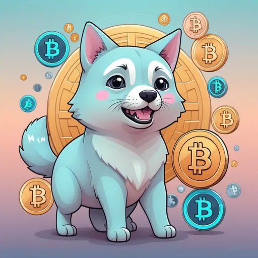 Prompt: Screensaver on the theme of cryptocurrency in the telegram channel, in pastel colors, perhaps some animal in cartoon style