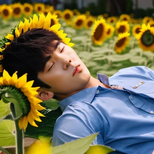 Prompt: handsome korean boy lie down with sunflower