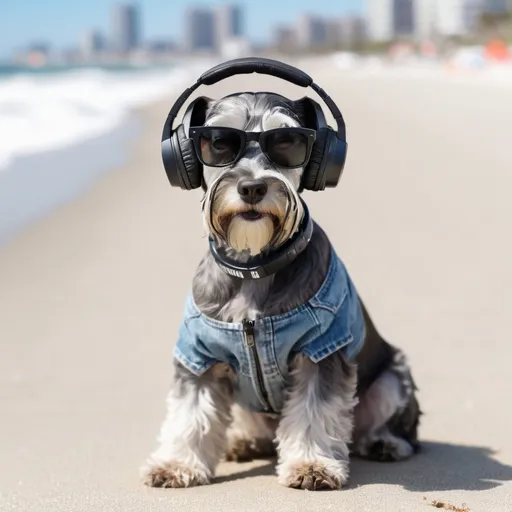 Prompt: a miniature schnauser dog with headphones, sun glasess, and urban wear walking on the beach 