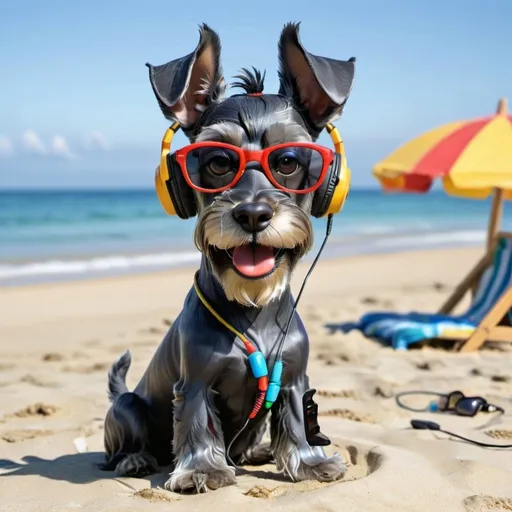 Prompt: a miniature schnauzer dog with headphones, sun glasses and dog wear walfin on the beach