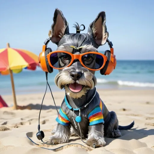 Prompt: a miniature schnauzer dog with headphones, sun glasses and dog wear walfin on the beach