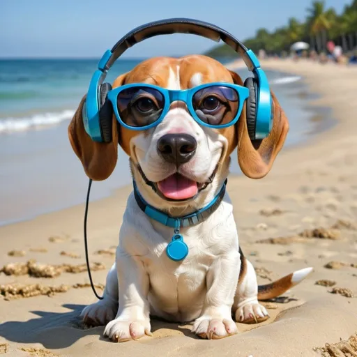 Prompt: a beagle  dog with headphones, sun glasses and dog wear walfin on the beach