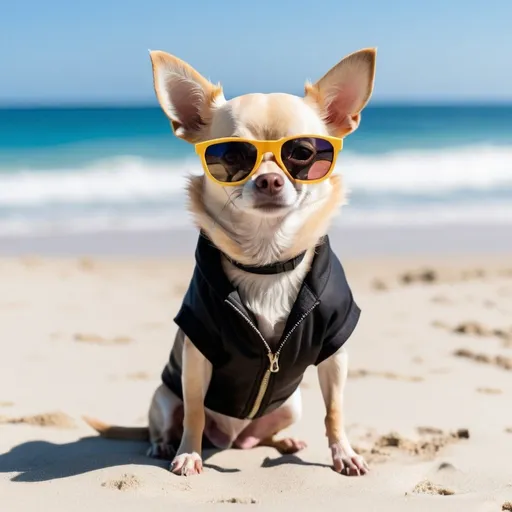 Prompt: create a  chihuahua dog with sun glasses  with urban wear  walkin in the beach