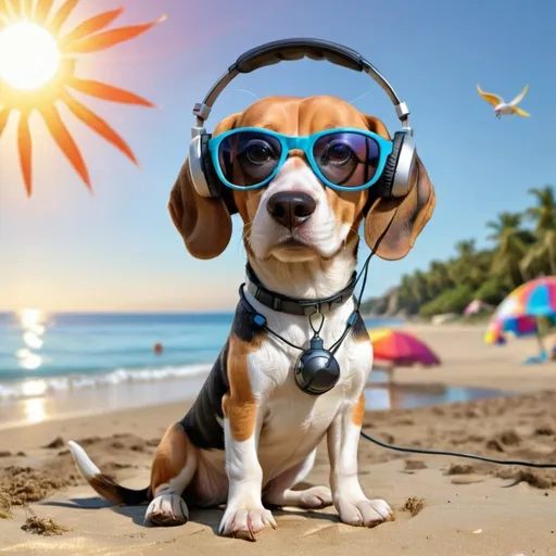 Prompt: a beagle  dog with headphones, sun glasses and dog wear walfin on the beach