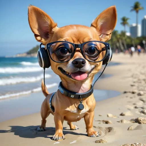 Prompt: create a chihuahus   dog with street wear  glasses and head phones walking in the beach