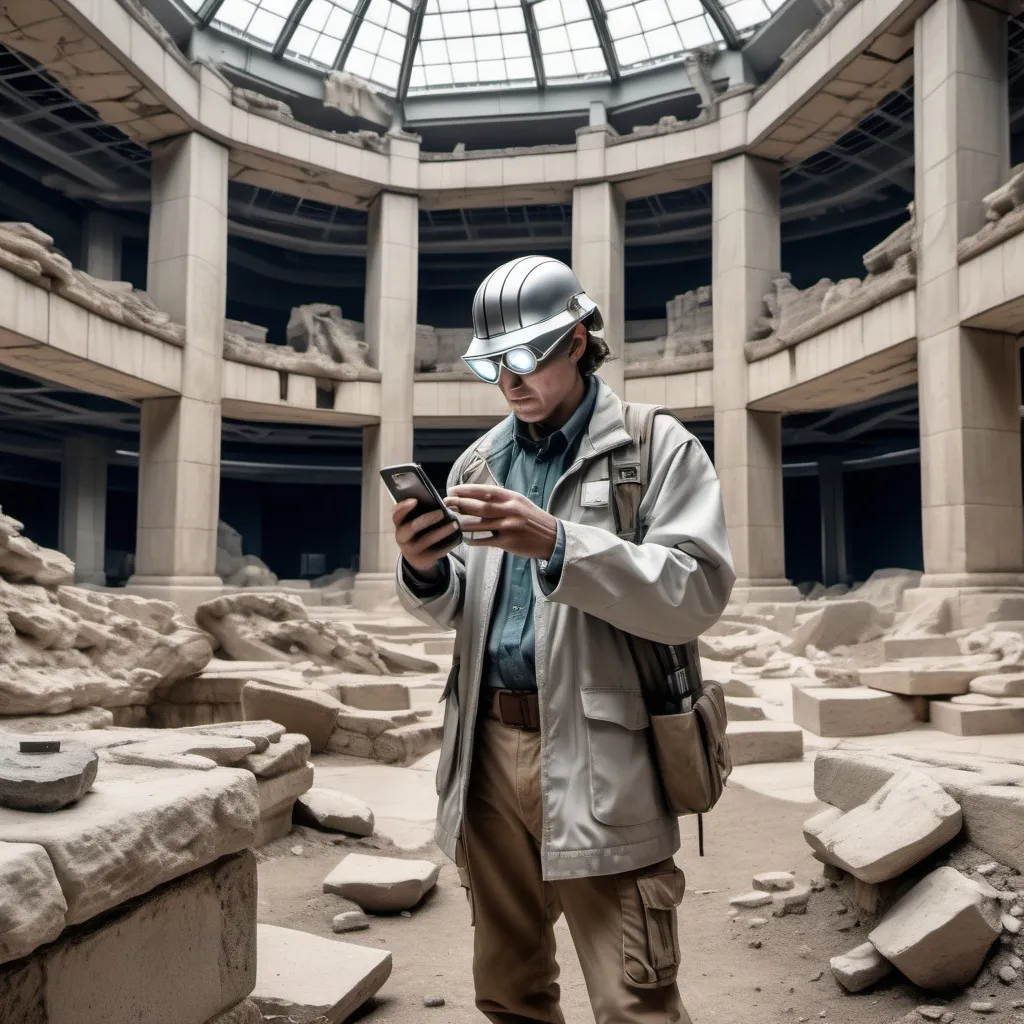 Prompt: An Archeologist wearing chrome color clothing from the future in 4024 AD finds a cell phone in the ancient ruins of the Mall of America 