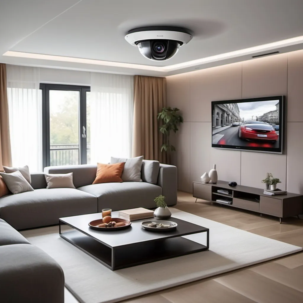 Prompt: Create a living room inserted with a smart camera security and in the living room which has a television, couch, windows