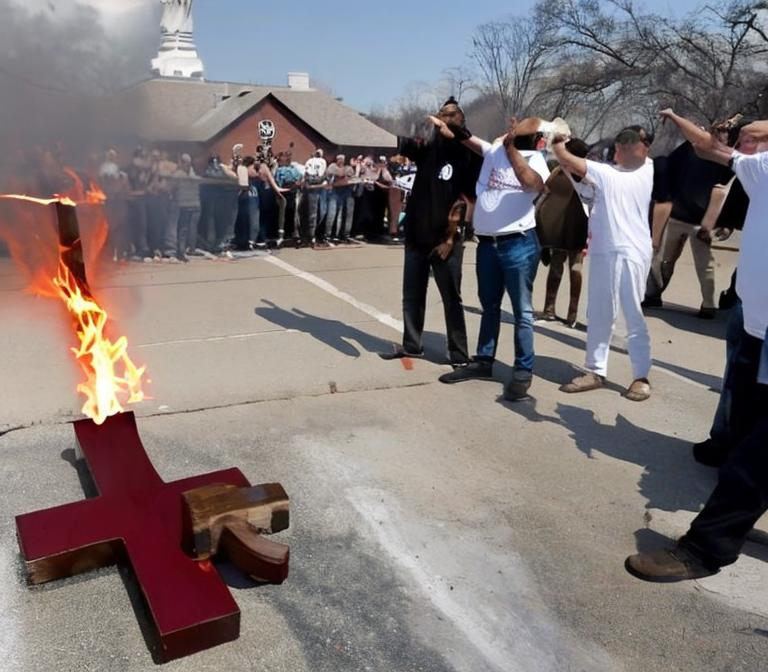 Prompt: KKK members are burning a cross and being racist