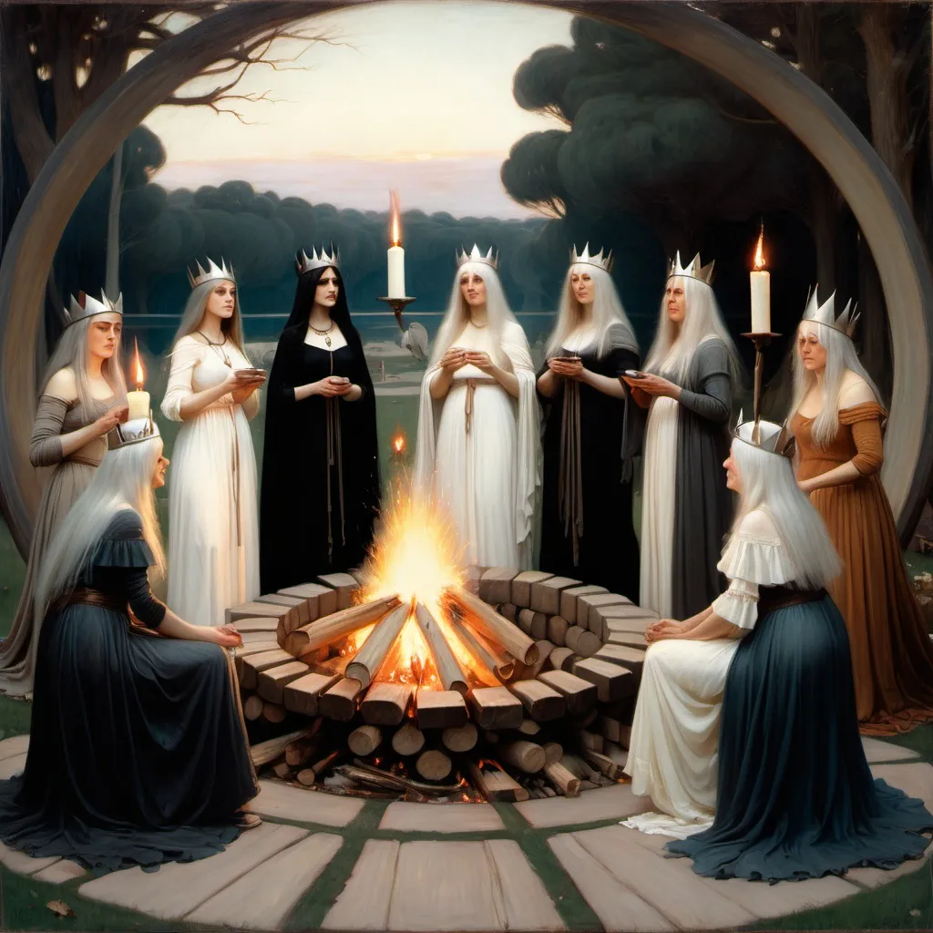 Prompt: A john william waterhouse PAINTING OF A daytime magical circle with kindly happy witchy-looking older women with long white hair wearing crowns and dressed in gowns of different style and colors and standing in a circle around a bonfire each holding a long white candle