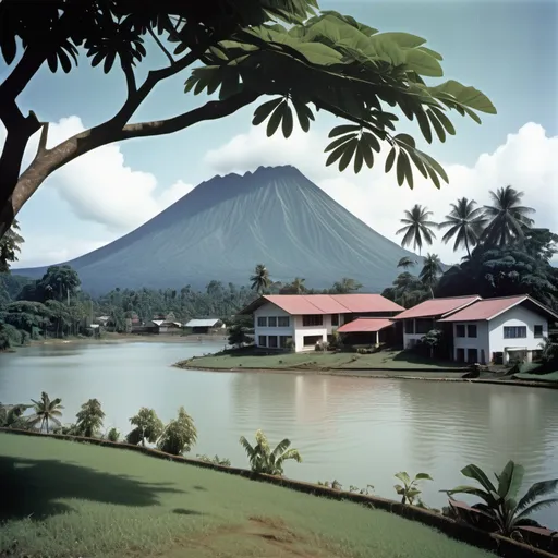 Prompt: a large mountain with a house in the distance and a tree in the foreground with a body of water in the foreground, Abidin Dino, sumatraism, 1 9 7 0 s, a colorized photo