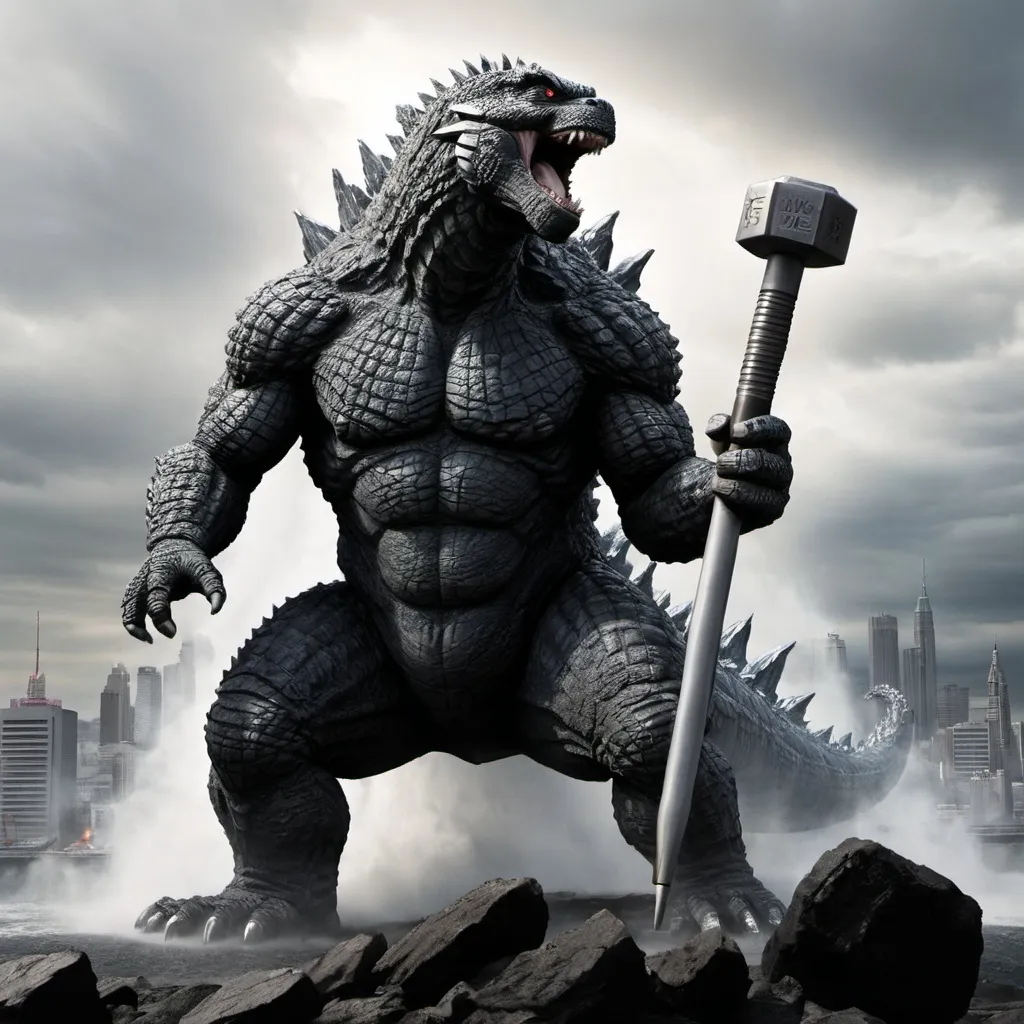 Prompt: godzilla with thors hammer