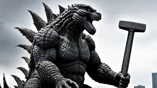 Prompt: godzilla holding thors hammer