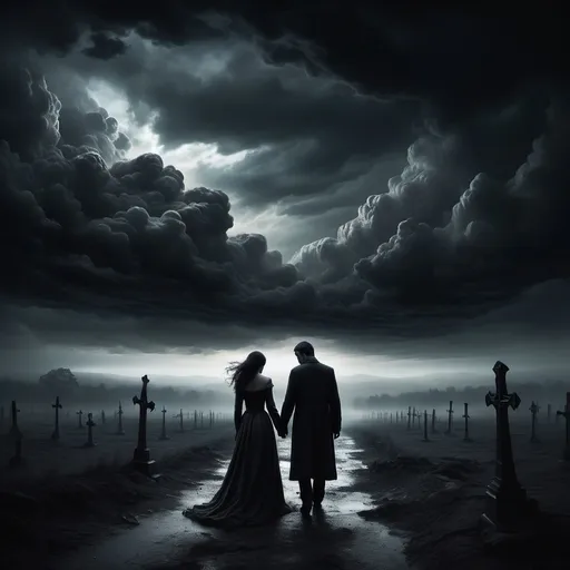 Prompt: Eternal Love, Poetic Tragedy, Imminent Doom, Shadowed Figures, Mystical Landscape, Ominous Clouds, Fading Hope, Darkening Path, Emotional Contrast, Regret, Foreboding Atmosphere, Twilight, Uncertainty, Melancholy, Symbolic Darkness, Fate, Romantic Despair, Apocalyptic Undertones.