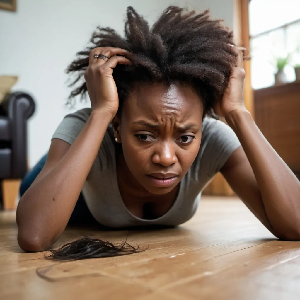 Prompt: (african woman frustrated with hair strands on her  floor), (emotional), (realistic), (DSLR), (natural light, soft focus)