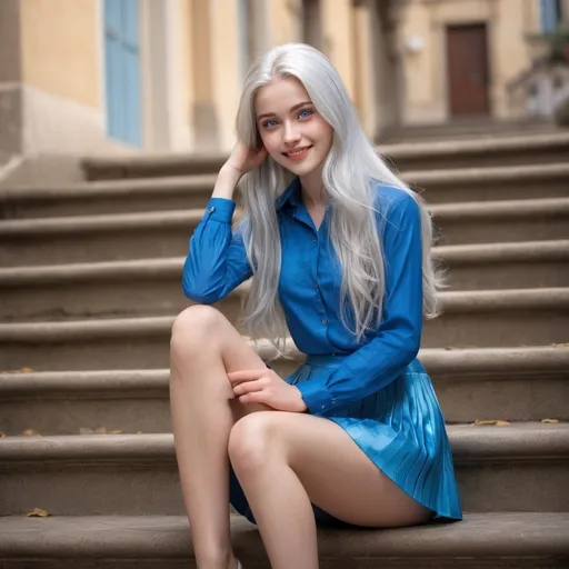 Prompt: Silver hair , silver eyes, young A beautiful, young woman with long shiny flowing silver hair and bright blue eyes, in her 20s,  full body, sly  wan smile, 
wearing blue blouse, white pleated mini skirt, intricate face, pale skin, freckles, 
detailed eyes, professional, expressive,  heart-shaped face, sitting on staircase, European street scene background, 
high-quality digital painting, realistic style, warm tones, soft lighting, high detail, 8k photo, daylight, portrait, elegant, detailed hair, delicate features, soft lighting, European architecture, serene vibe







,