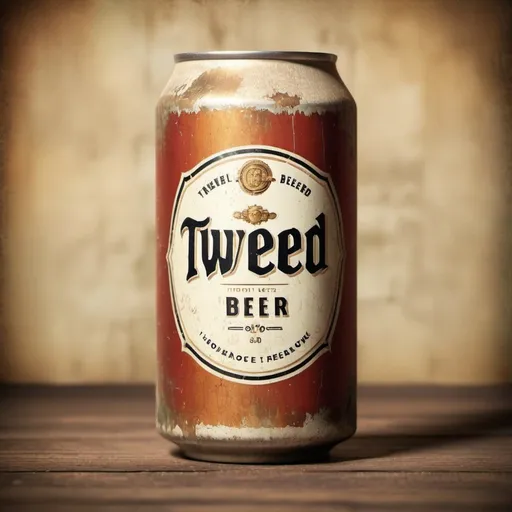 Prompt: Tweed beer can design, vintage graphics, rustic texture, aged appearance, high quality, retro, earthy tones, soft lighting