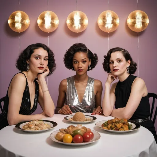 Prompt: three women sitting at a table with plates of food art deco, feminist art ,  fashion  disco balls lights 