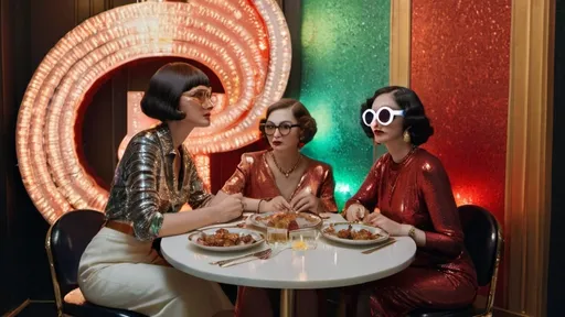 Prompt: three women sitting at a table with plates of food art deco, feminist art , fashion disco balls lights wearing eyeglasses  gucci .
