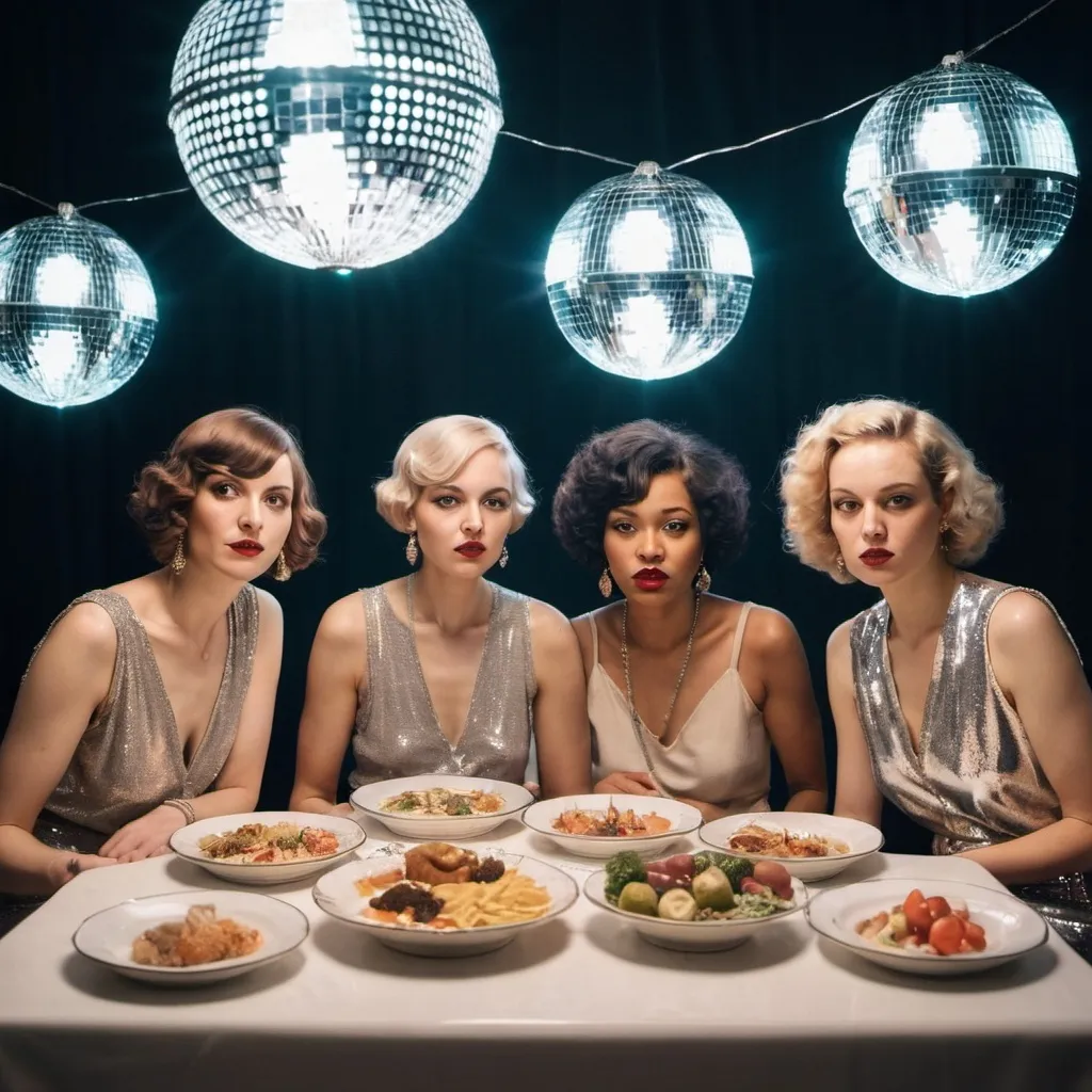 Prompt: three women sitting at a table with plates of food art deco, feminist art ,  fashion  disco balls lights 