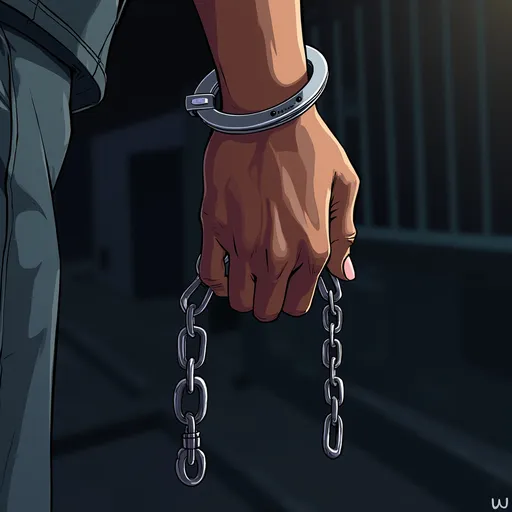 Prompt: "Una mano humana en primer plano, con esposas metálicas brillantes en la muñeca, el otro extremo colgando o unido a una cadena. Estilo cartoon detallado, inspirado en GTA San Andreas, con contornos oscuros y colores intensos. Fondo urbano desenfocado o una celda de policía poco visible, iluminación dramática desde un lado para resaltar el metal."